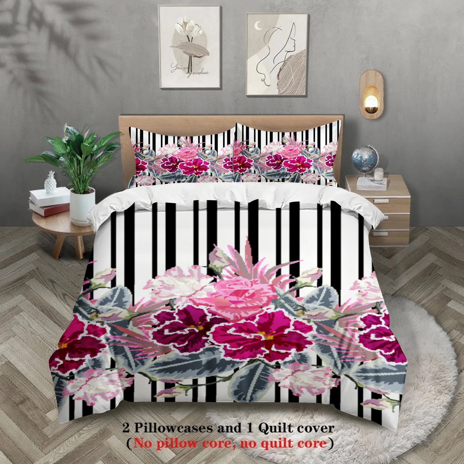 3pcs Floral Zebra Print Bedding Sets 3D Printed Duvet Cover Sets With Pillowcases No Filling