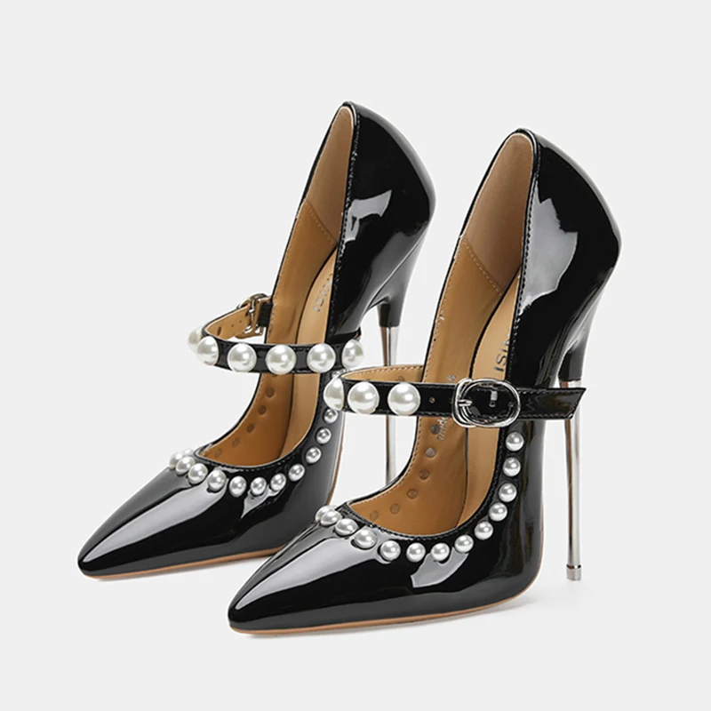 

НОВЫЕ металлические туфли на высоком каблуке 16 см, пикантные черные, красные, жемчужные, с пряжкой на ремне, туфли-лодочки на шпильке с острым носком, фетиш-геи, SM, мужская обувь унисекс