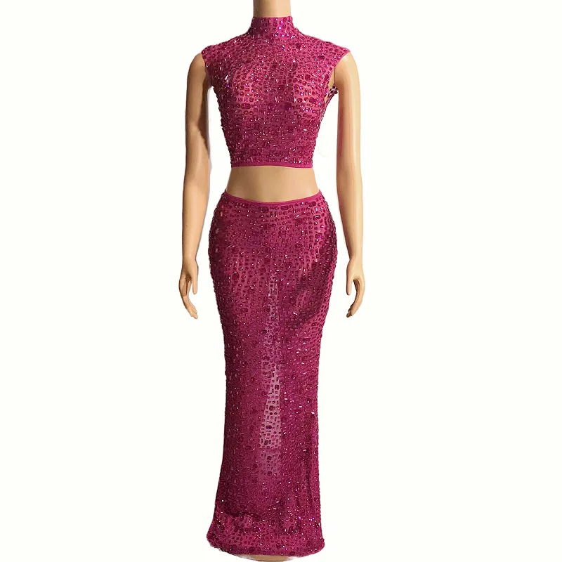 Costume di compleanno Cristalli affascinanti Abito scintillante Donne eleganti Abiti Para Mujer Elegantes Abiti Con Manga Fiesta Elegantes