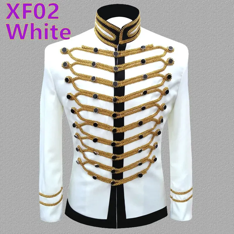 White Mens Steampunk Blazer Jacket Stand Collar Tassel Design Hussar Marching Band Military Drummer Parade Blazers Costume Homme