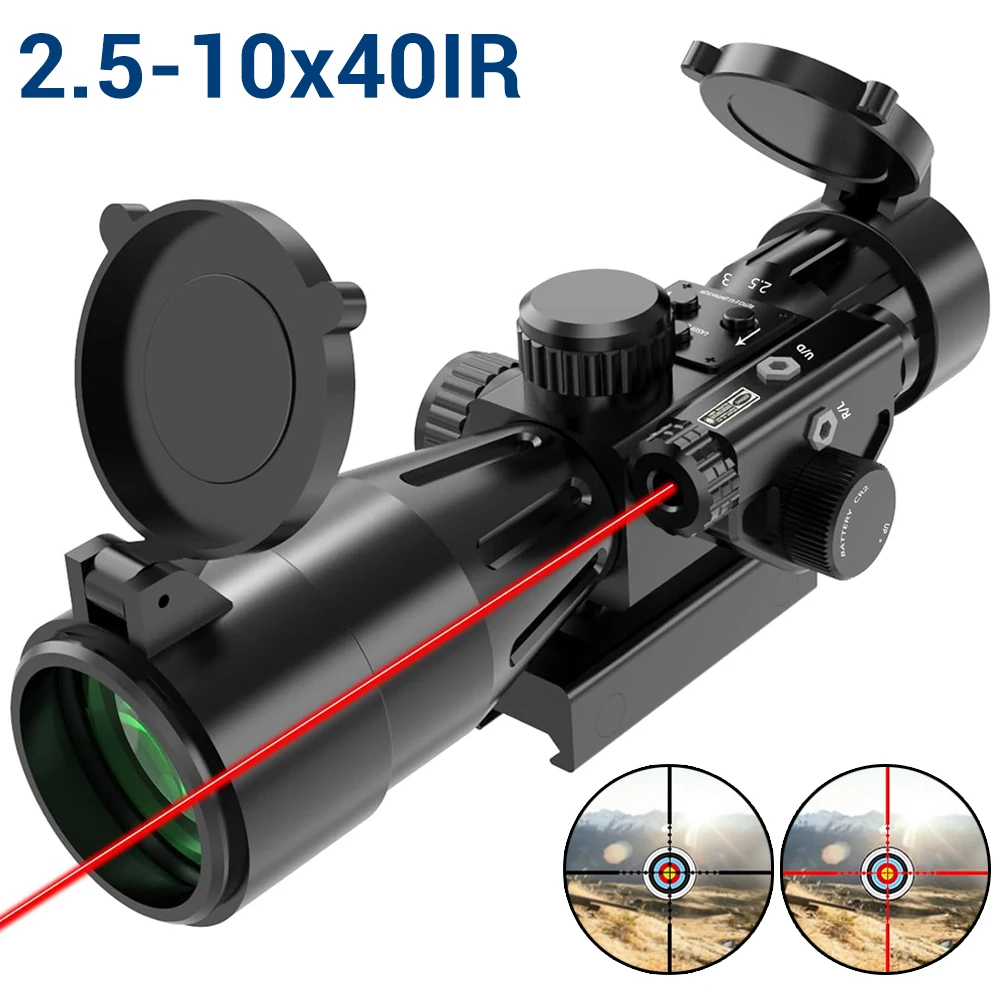 2.5-10x40IR Rifle Scope Red Illuminated Mil-dot Riflescope with Red Laser Combo Hunting Scope for Gun Air Hunting Rifles