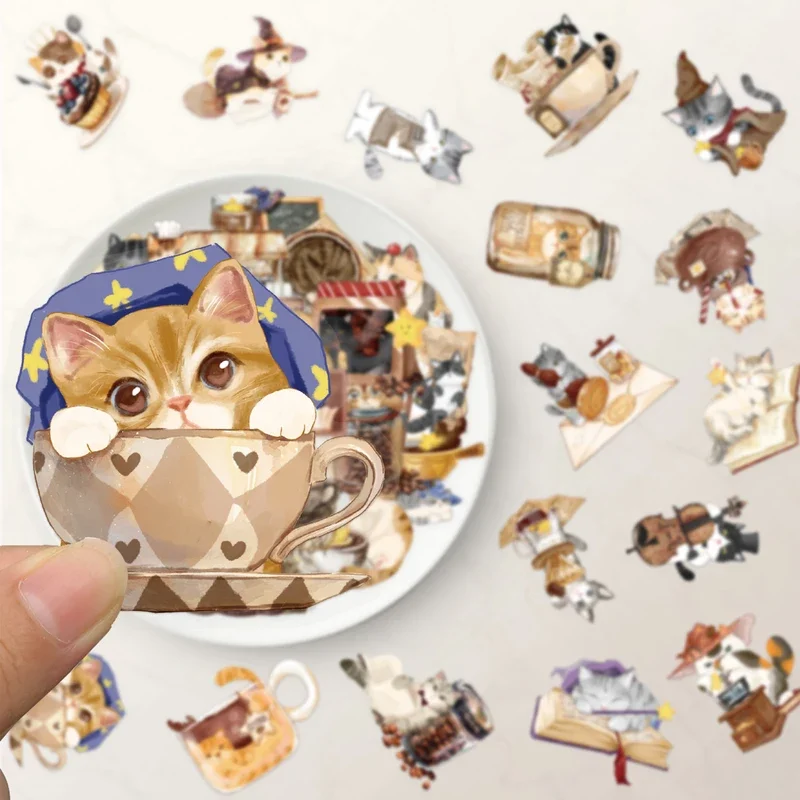 10/30/50Pcs Magical Cat Cafe Stickers Exquisite Animal Mobile Phone Cases Laptops Suitcases Transparent Waterproof Stickers