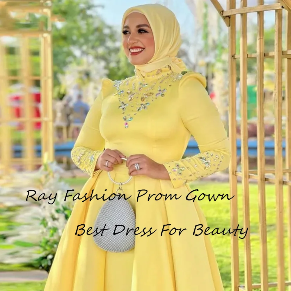 Gaun Prom garis A anggun Satin dengan lengan panjang leher tinggi kristal dengan gaun malam Formal gaun malam