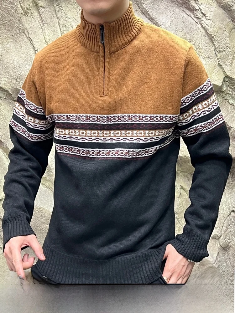 

Теплый вязаный свитер на подкладке Fce, модный этнический мужской свитер с длинным светом и воротником-стойкой, модное осеннее новое поступление