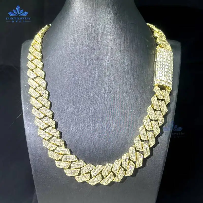 Fashion Ready to Ship Baguette Moissanite Necklace Sterling Silver D-Vvs Diamond Moissanite Classic 16mm Baguette Cuban Link Cha