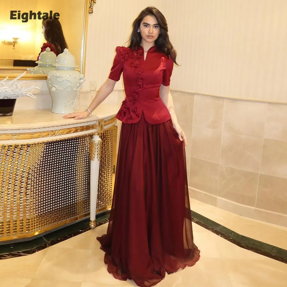 

Вечернее платье Eightale бордового цвета с V-образным вырезом, 3D цветами, индивидуальный пошив, атласное, А-силуэт, для выпускного вечера, свадьбы, вечеринки, в арабском стиле, Vestidos De Gala