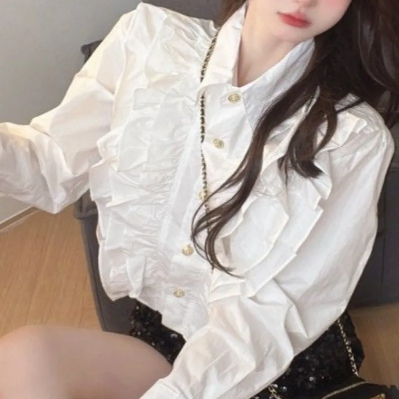 Chic Shirts for Women Turn-down Collar All-match Solid White Elegant Sweet Girls Design Spring Autumn Long Sleeve Korean Style