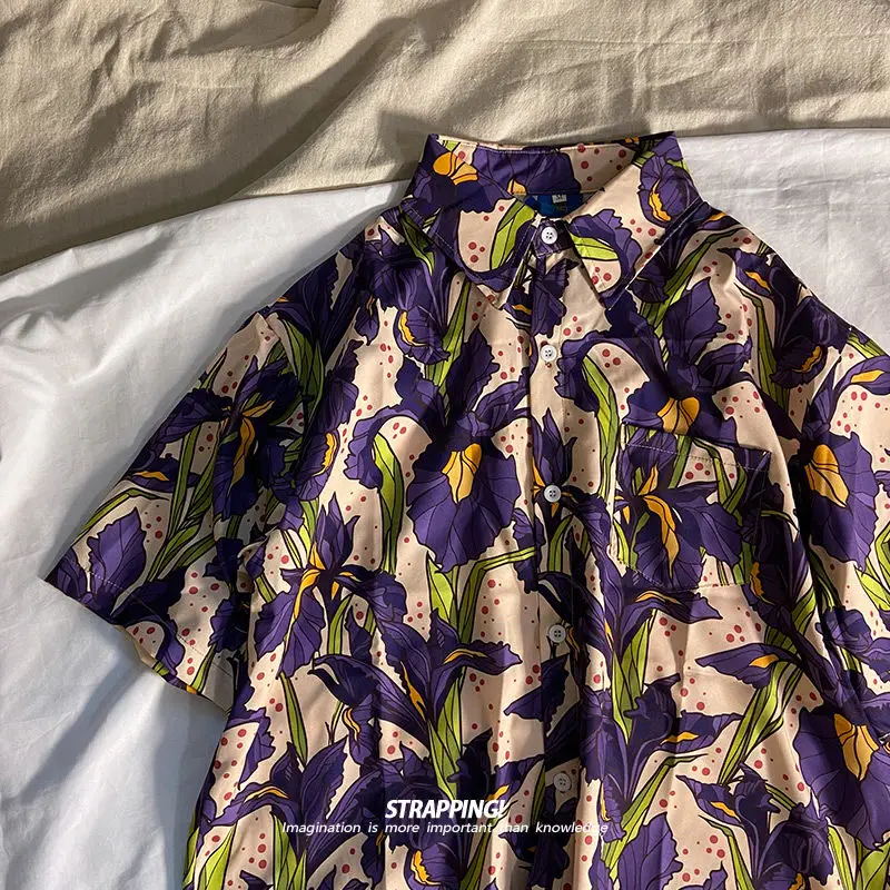 New purple floral short-sleeved floral shirts for men and women Hawaiian vintage Thai and Japanese retro Hong Kong style shirts