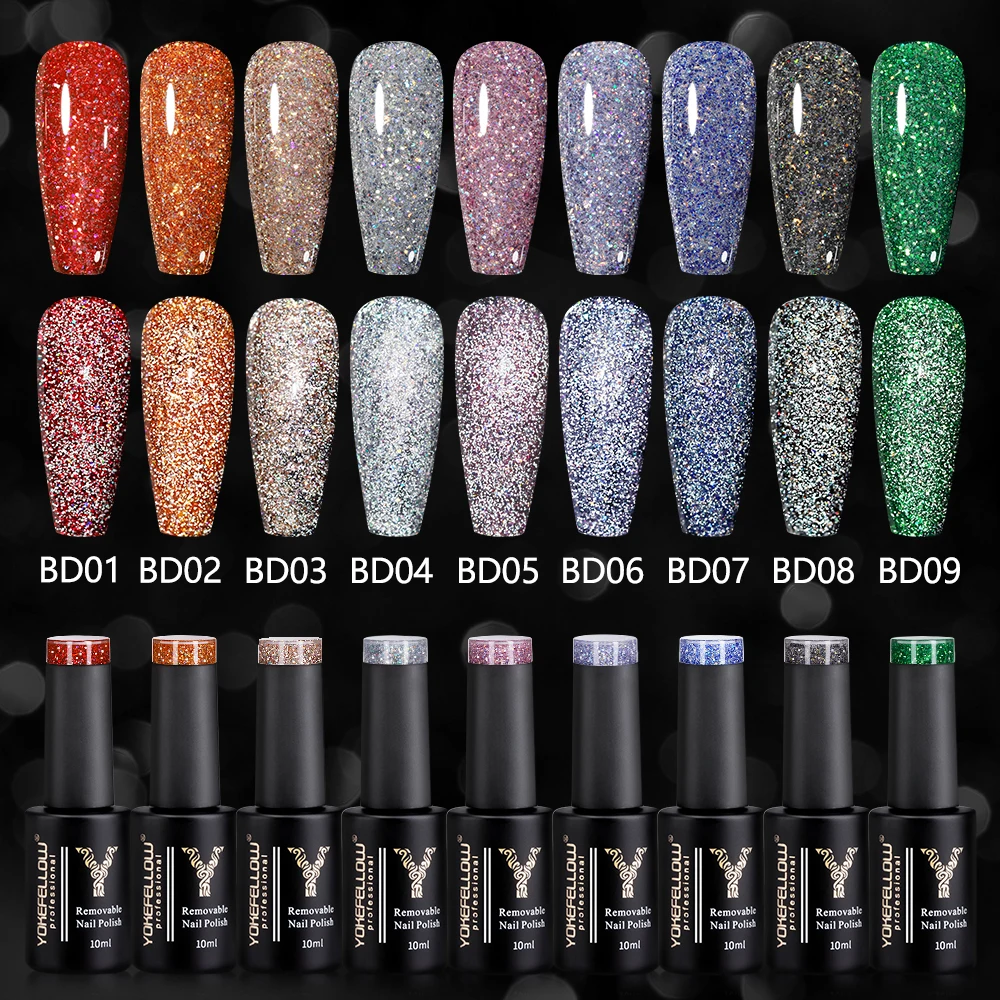 2024 Nuovo YOKEFELLOW 10ML Riflettente Glitter Gel Smalto per unghie Soak Off Gel UV Smalto colorato per unghie Gel per manicure