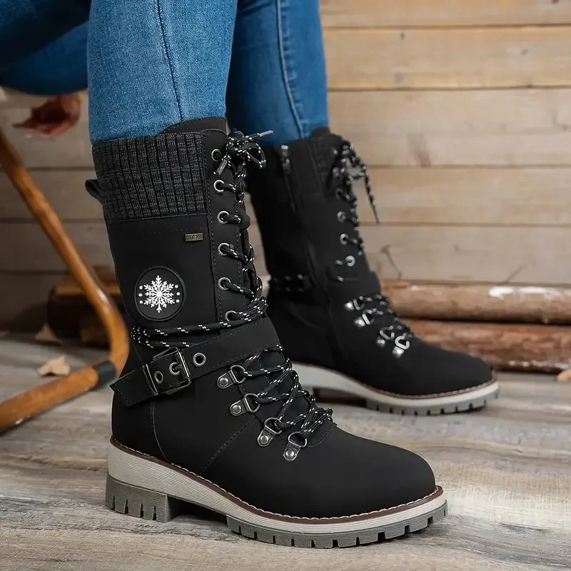 Women\'s Winter Side-pull Lace-up Knitted Mid-tube Boots Low-heeled Round-toe Boots High-quality Winter Warm Boots Botas De Mujer