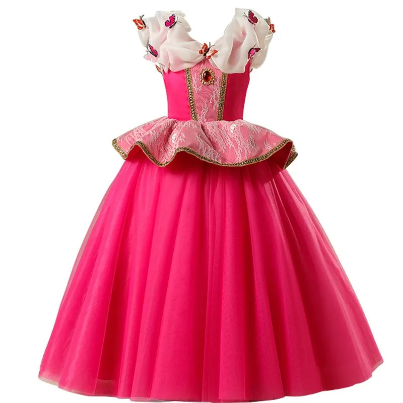 Girl Princess Dresses Up Kids Sleeping Beauty Blue Pink Fancy Costume Children Christmas Birthday Party Ball Gown Aurora Clothes