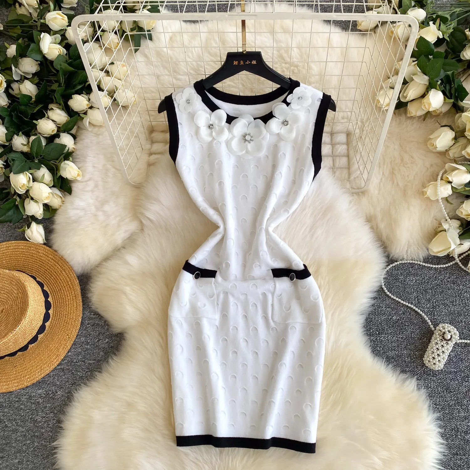 

White Short Dress Women Dresses Knit Floral Vestidos Y2k Streetwear High Waist Sleeveless Slim Elegant Splice Party Night Work