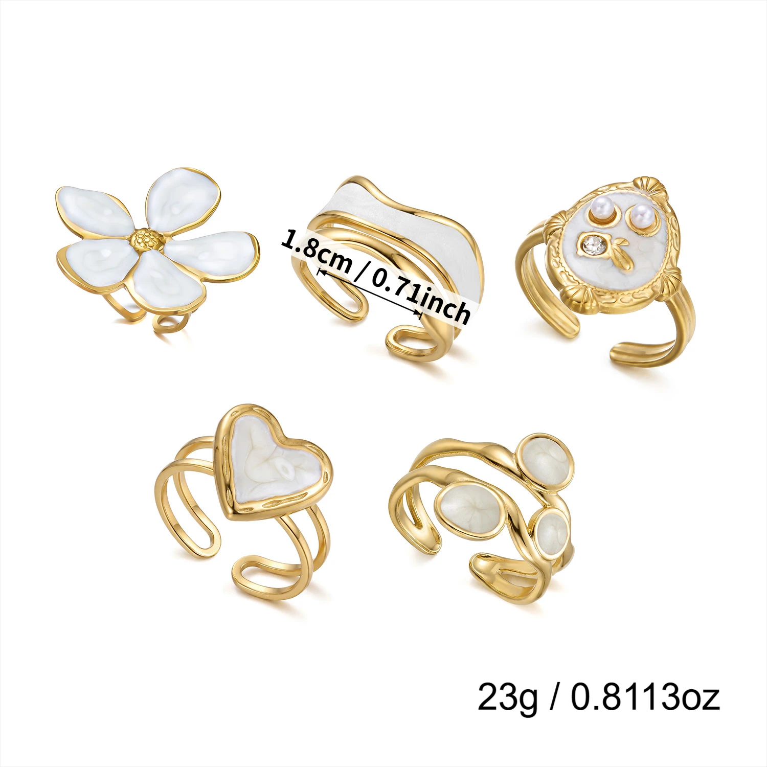 5-teiliges Set aus Edelstahlringen mit Herz- und Blumenmuster, Emaille, für Damen, hypoallergen, PVD-vergoldet, stapelbar, Party-Schmuckset, Geschenk – Detail 3