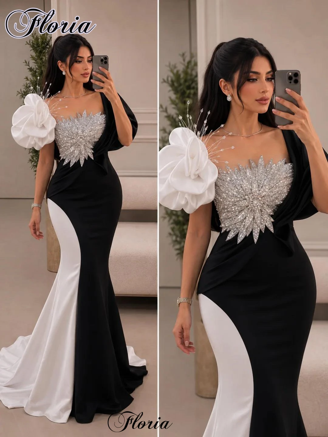 Schwarz-weiße Promi-Kleider im Meerjungfrau-Stil mit kurzen Ärmeln, Kleider für den roten Teppich, Ballkleider, Vestidos De Noche, individuell gestaltet