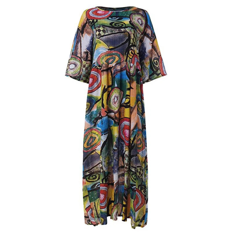 Mode Kurzarm Lose Elegante Gedruckt Maxi Lange Kleid Frauen Casual O Neck A-line Bohi Party Kleider Weibliche Urlaub Kleidung