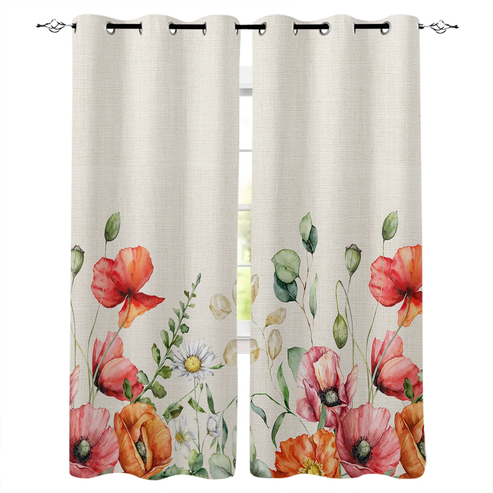 Spring Daisy Eucalyptus Poppy Flowers Bedroom Modern Living Room Kitchen Drapes Home Kids Room Decor Window Curtains