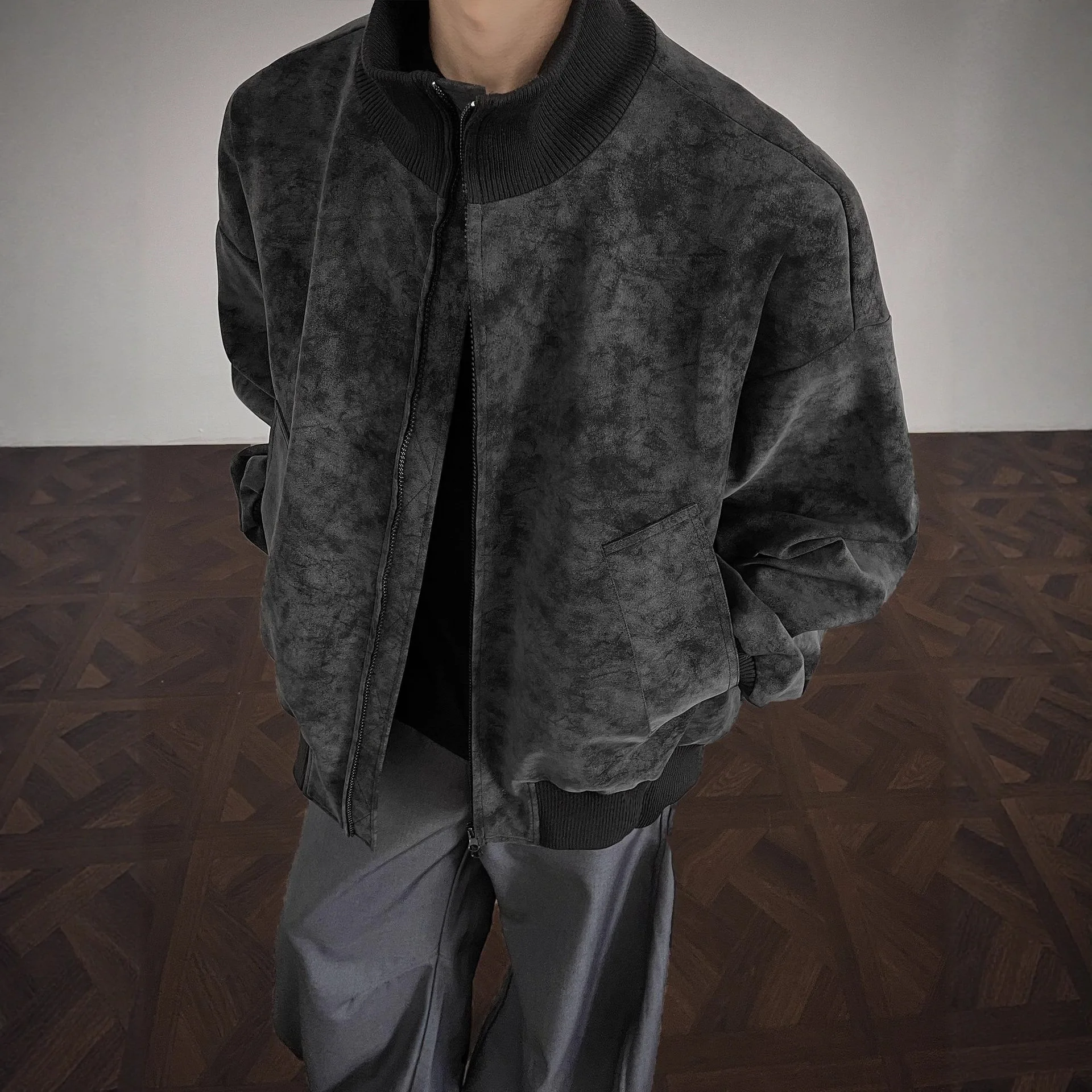 Autumn Vintage Leather Jacket Men's Plus Size Stand Collar Pilot Coat Streetwear