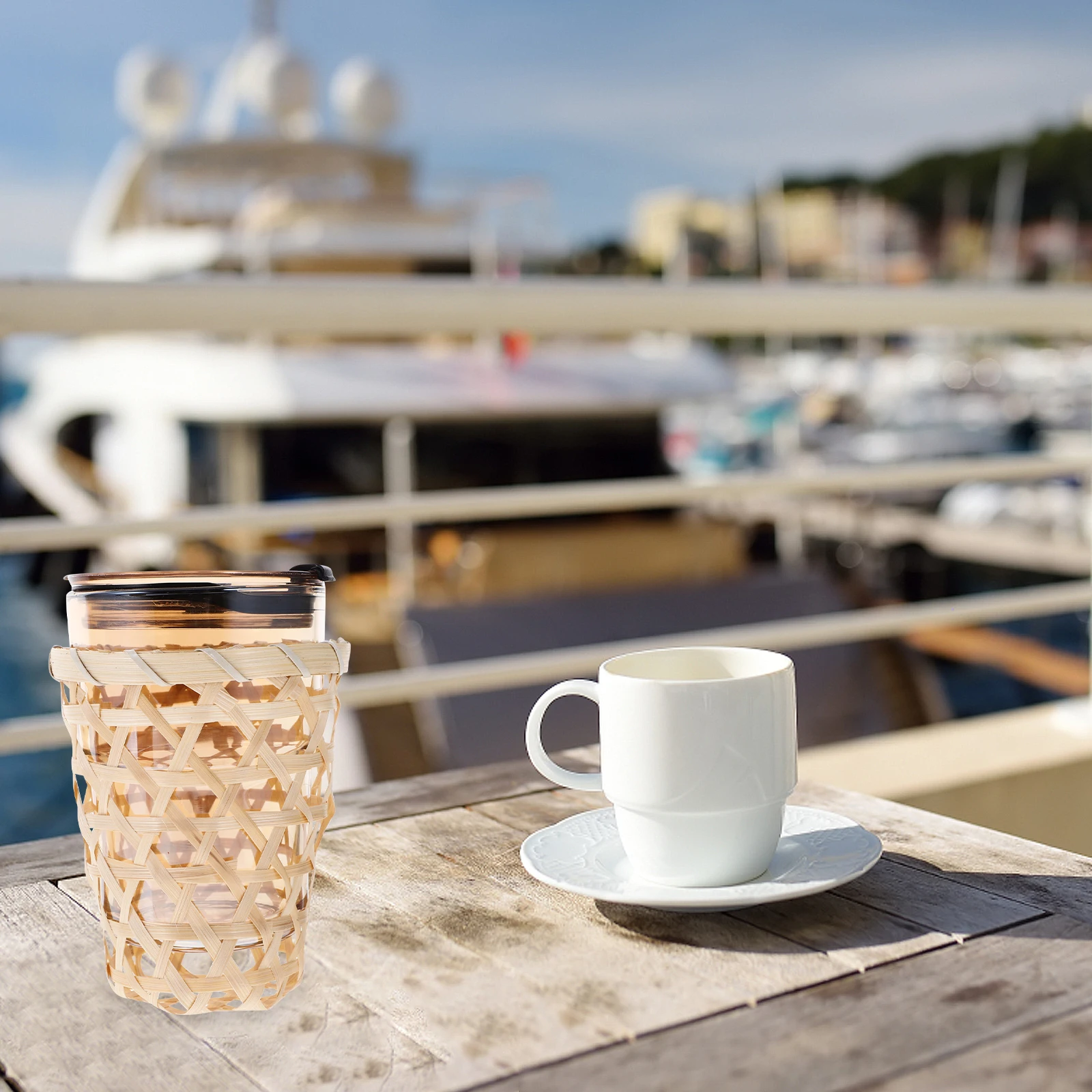 

2Pcs Bamboo Woven Cup Sleeves Elegant Hexagonal Hollow Design Anti-Skid Cup Protector Suitable Various Occasions