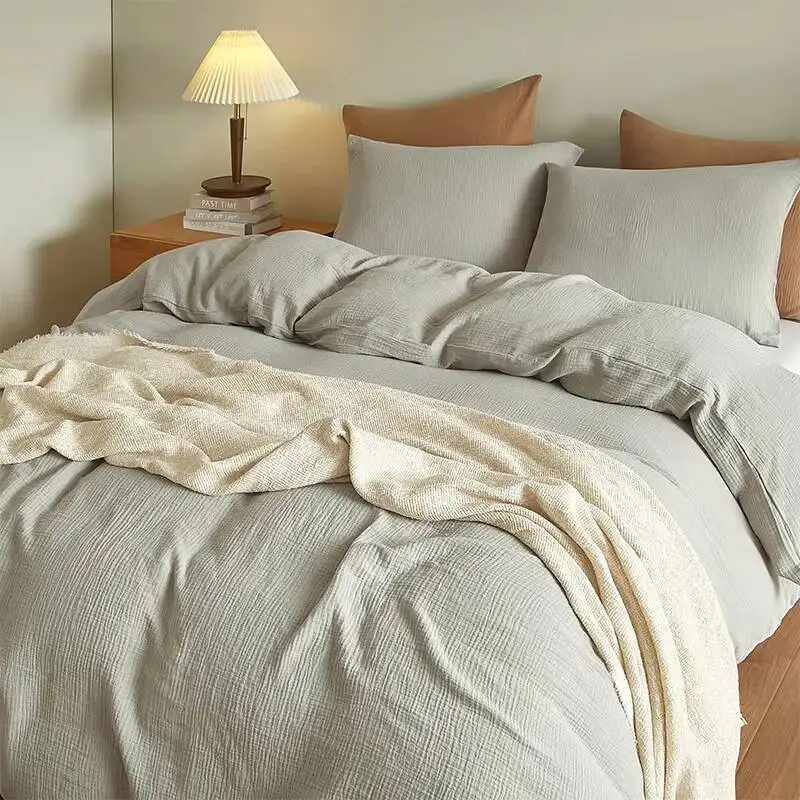 

Горячий популярный комплект постельного белья из 100% хлопчатобумажной марли по лучшей цене, комплект постельного белья из трех предметов с геометрическим рисунком, однотонный муслиновый пододеяльник двойного размера