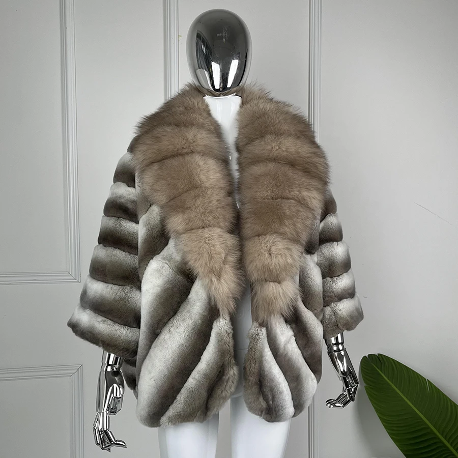 Echt Rex Kaninchen Pelzmantel Chinchilla Pelz Natürliche Fuchs Pelz Kragen Meistverkaufte Winter Jacke Frauen Echt Pelz Mäntel