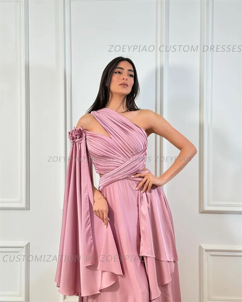 Vestido de noite de um ombro com flores, Vestidos longos A, Vestidos de noite formais, Fenda lateral, Rosa, Longo, Dubai