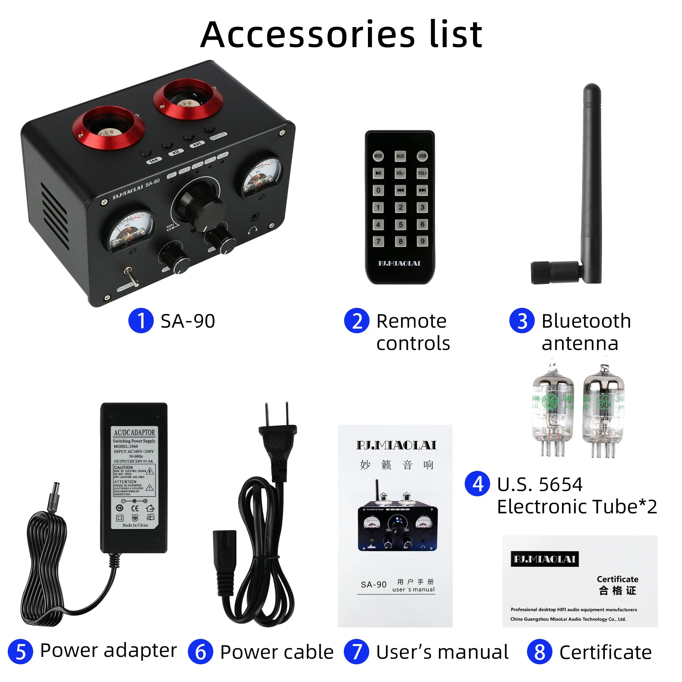 PJ. MIAOLAI SA-90 NE5532 Bluetooth Amplifier GE5654 Tube Power Amplifier 80W×2 USB RCA HiFi Headset Amplifier With Dual VU Meter