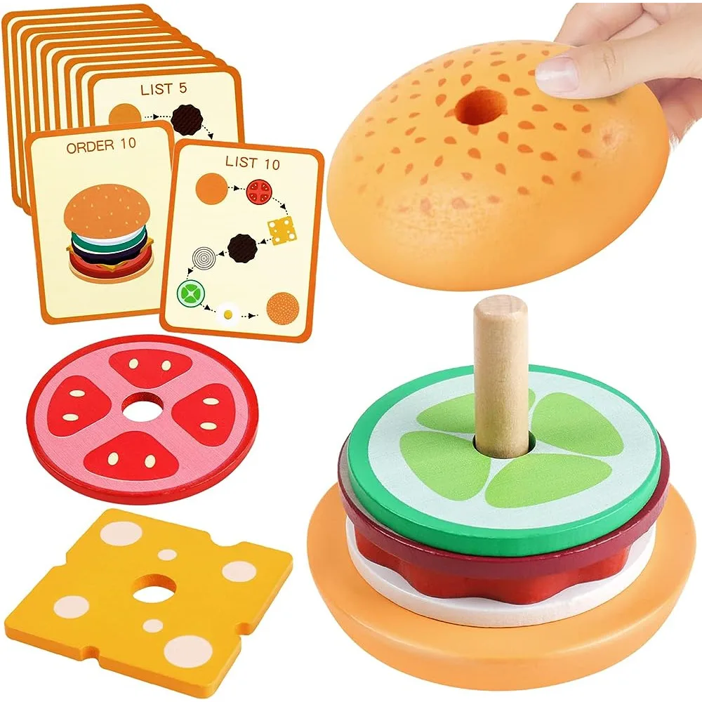 Montessori Burger in legno impilabile giocattoli per bambini piccoli giocattoli educativi per l'apprendimento in età prescolare abilità motoria fine giocattoli da cucina regalo