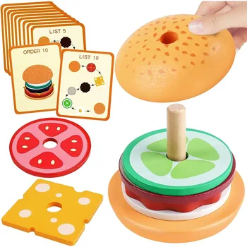 Jouets empilables de hamburgers en bois Montessori pour enfants en bas âge, jouets éducatifs d'apprentissage préscolaire, motricité Fine, jouets de cuisine, cadeau