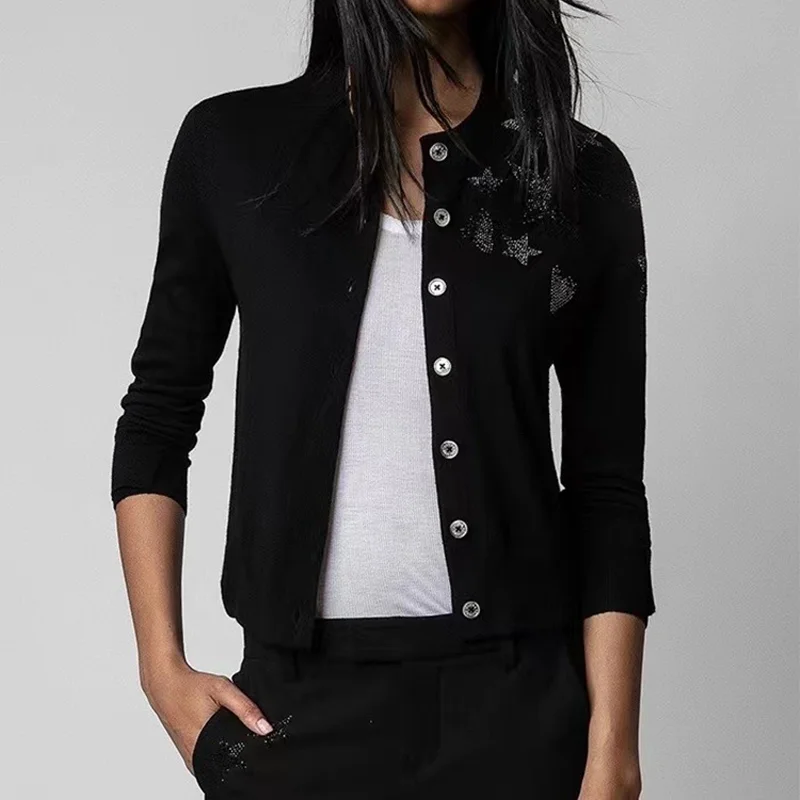 

Female Black Cardigan Casual Star Diamonds Knit Sweater Women O-Neck Button Cashmere Cardigans Lady Love Diamond Jumpers