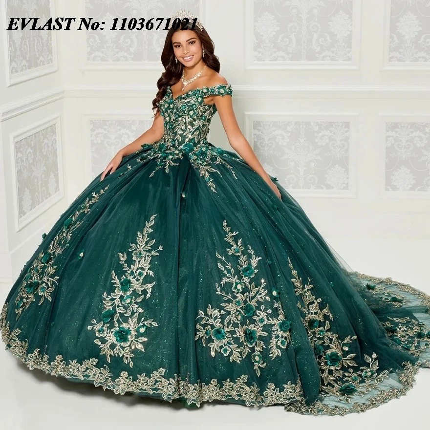 EVLAST-vestido De Quinceañera De princesa verde esmeralda, vestido De baile De quinceañera, Aplique De encaje dorado con cuentas, capa dulce, 16 Vestidos De 15 años SQ236