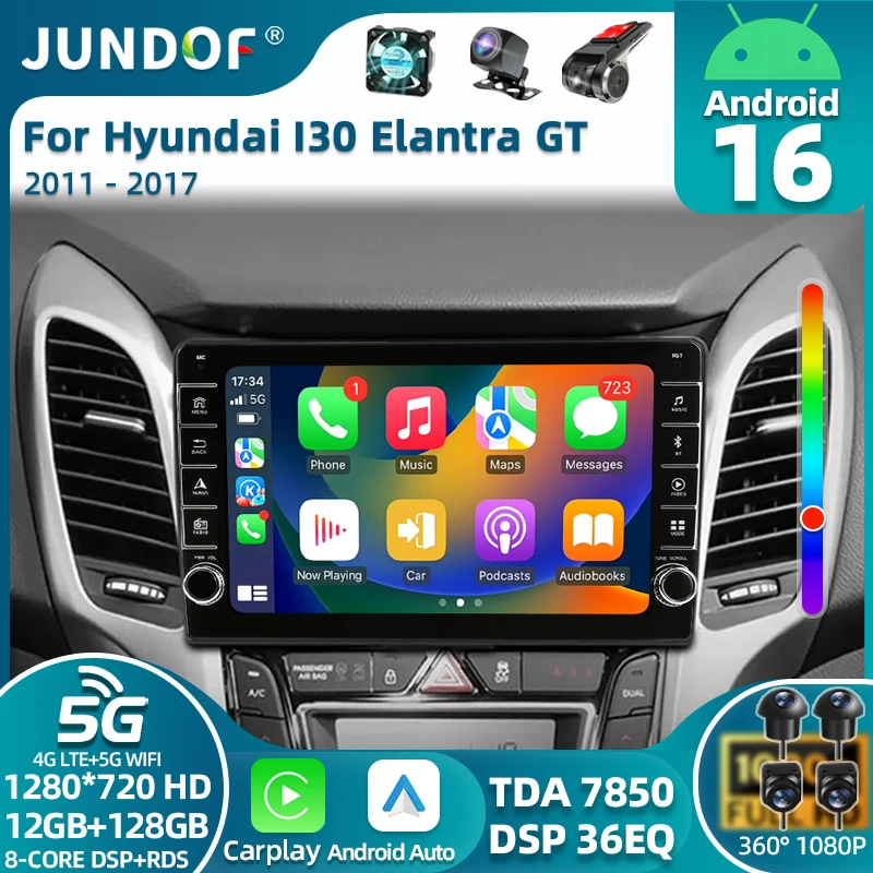 Android 16 For Hyunda i30 Elantra GT 2011 - 2016 CarPlay Car Auto Radio Stereo Multimedia Player GPS Navigation WIFI DVD QLED