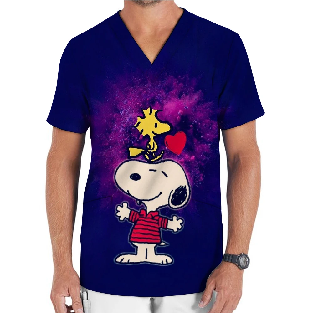 Men's Nurse Clothing Professional V-neck Nurse Uniform Snoopy Print Salon Spa Pet Beauty Solid Color Short Sleeve Top Work Cloth