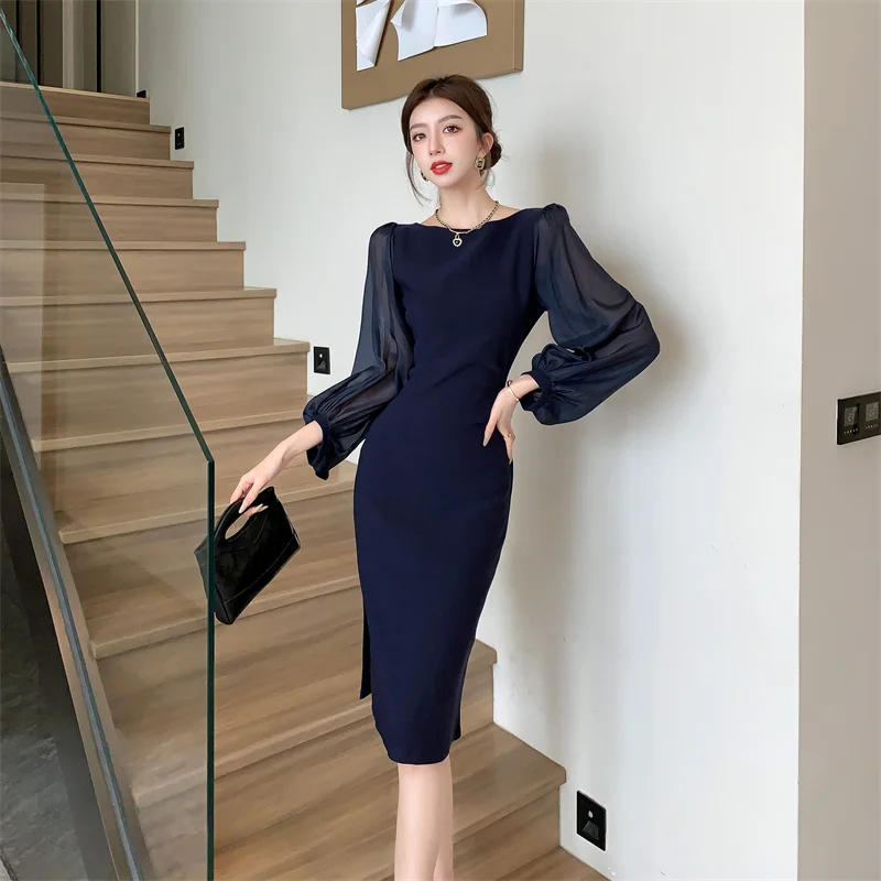 S-3XL French Summer Office Ladies Solid Bodycon Dress Fashion Women Round Collar Mesh Puff Sleeve Slim Side Split Pencil Vestido