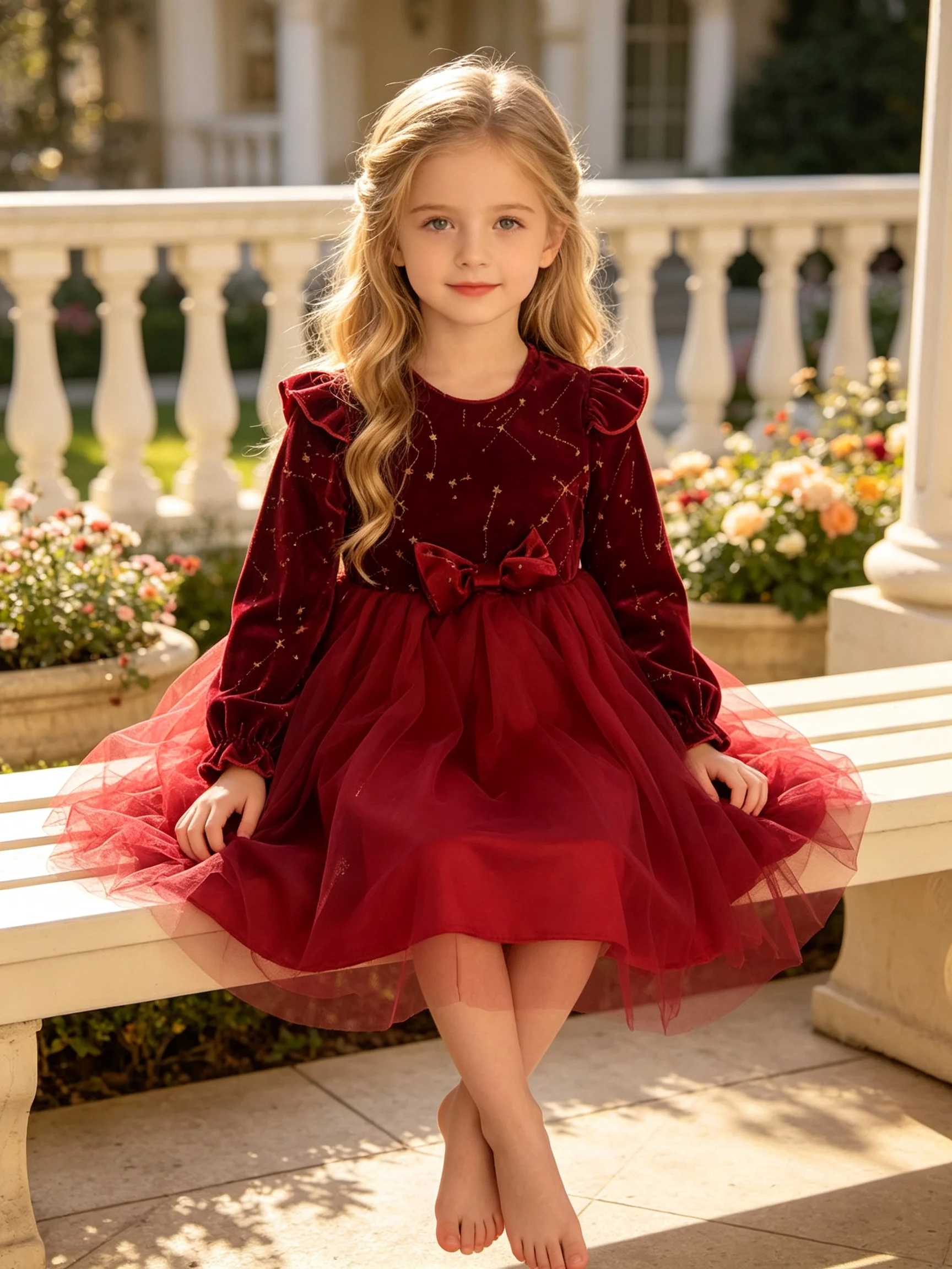 Girls' Pink Long‑Sleeve Princess Dress, Fly‑Sleeve Ribbed Knit Top with Rainbow Gradient Tulle and Silver Butterfly Print, Fall