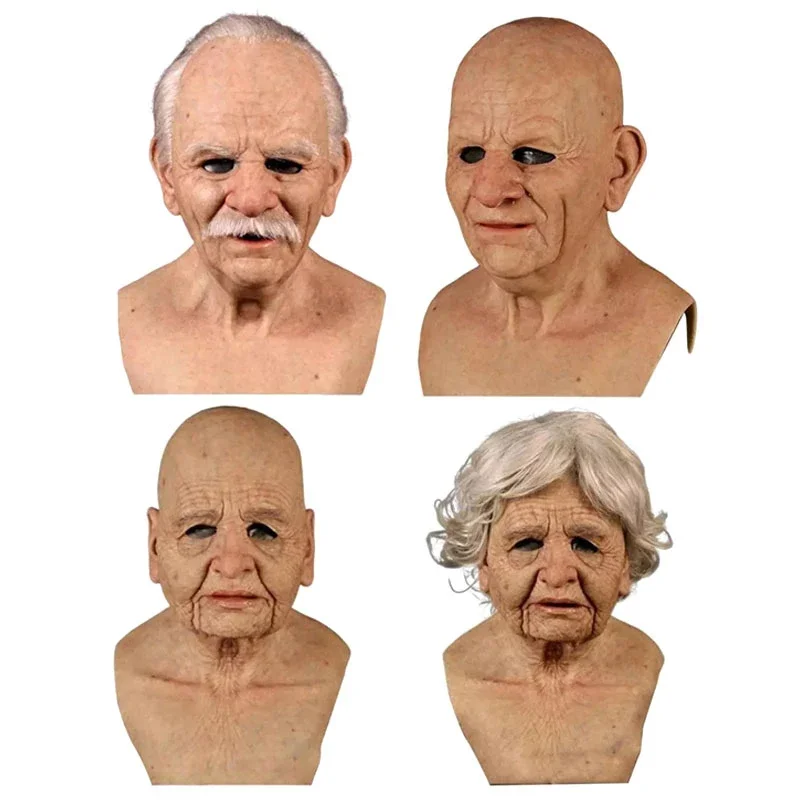 Elderly Woman Man Mask Human Face Mask Mascara Latex Terror Full Head Masks Grandpa/Grandma Halloween Party Cosplay Props