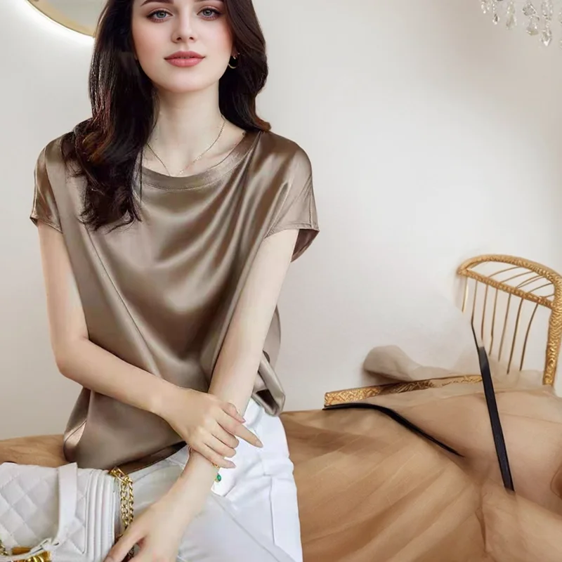 Summer Short Sleeve Shirt Fashion Women Acetate Satin O-neck Bat Sleeves Top Elegant Solid Color Office Lady Imitation Silk Tops