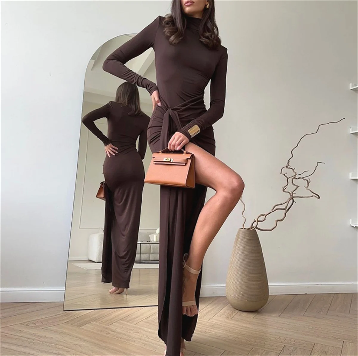 Women Fashion Sexy Split Dress Solid Mock Turtleneck Hip Wrap Dresses Long Sleeve Spicy Girl Vestidos Party Evening Club Dresses