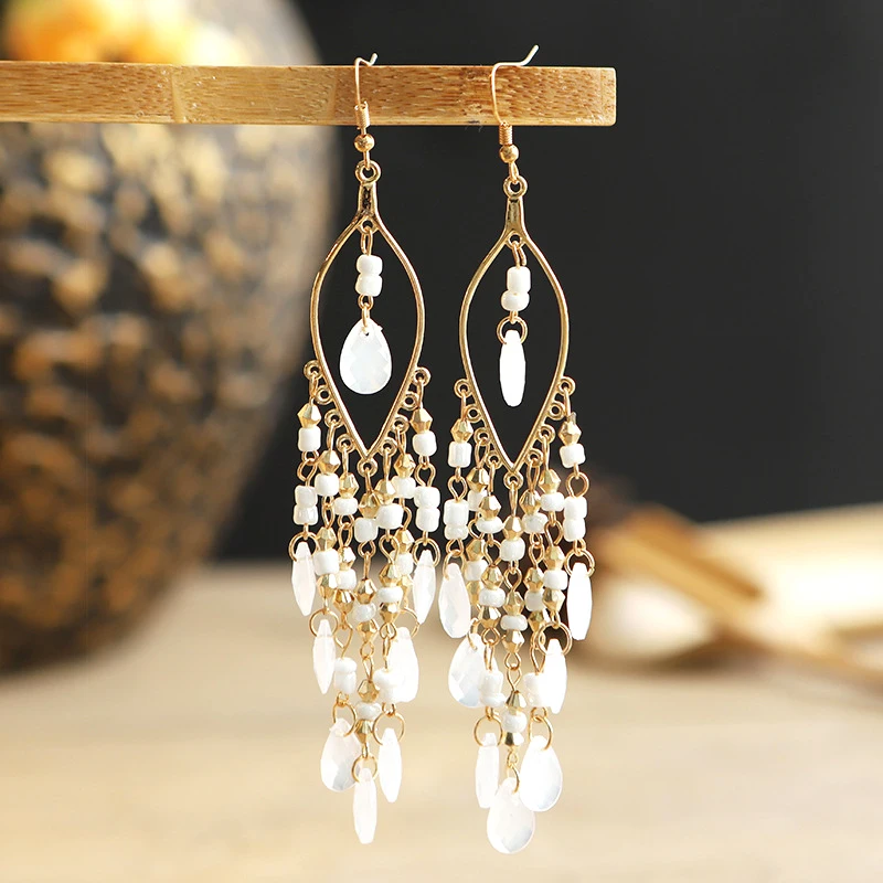 Ethnische Lange Acryl Wasser Tropfen Ohrringe für Frauen Retro Boho Gold Farbe Hohl Quaste Ohrringe Bijoux Femme Zubehör – Detail 9