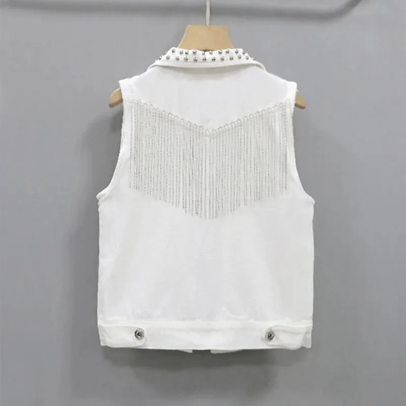 Women Sleeveless Short Jean Coat 2023 New Female Single Breasted Black White Rivet Tassel Denim Vest Sleeveless Waistcoat Jacket