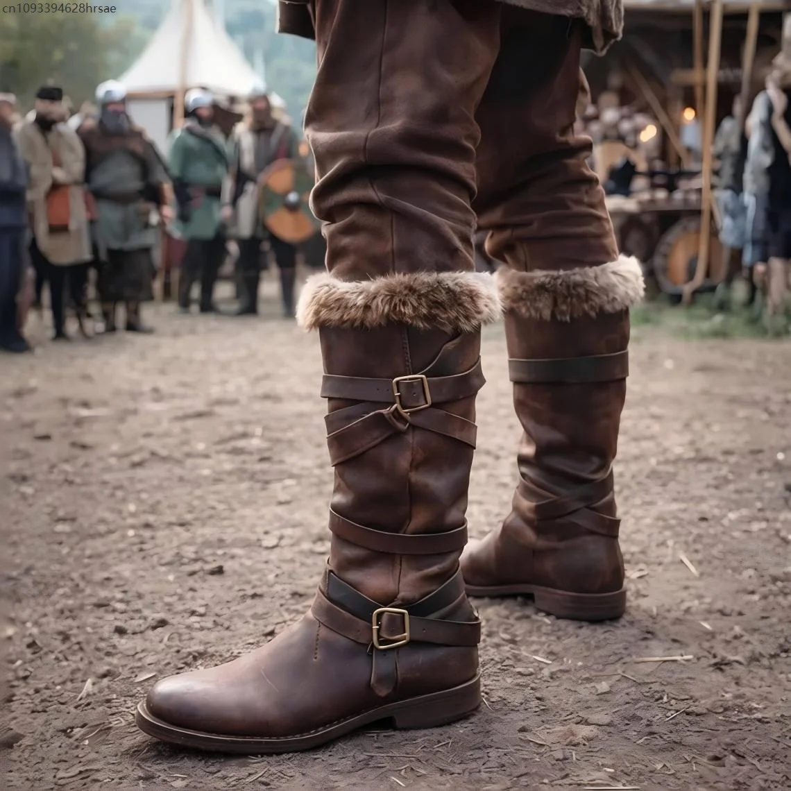 Men Medieval Renaissance High Boots Brown Faux Leather Furry Cuff Buckle Vintage Pirate Boots Retro Historical Cosplay Footwear