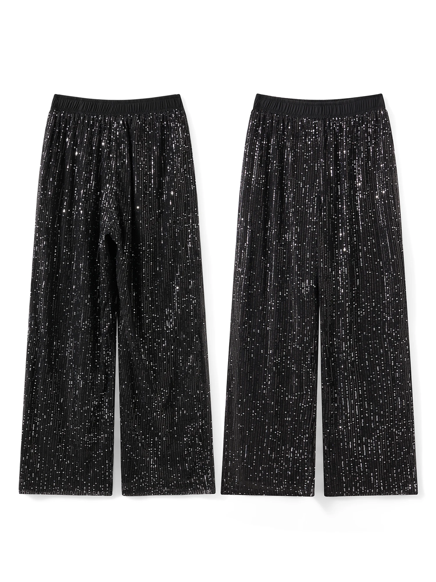 女性のハイウエストワイドレッグパンツ、キラキラ輝くスパンコール装飾のルーズフィットパーティーパンツ、シックなストリートスタイルに最適