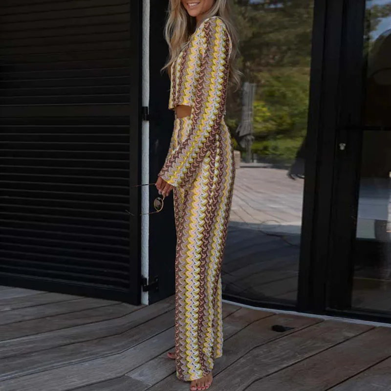 Conjunto de gancho de ganchillo con estampado de rayas para mujer, Top corto y pantalones sexys con cuello redondo, traje de moda de manga larga, ropa femenina