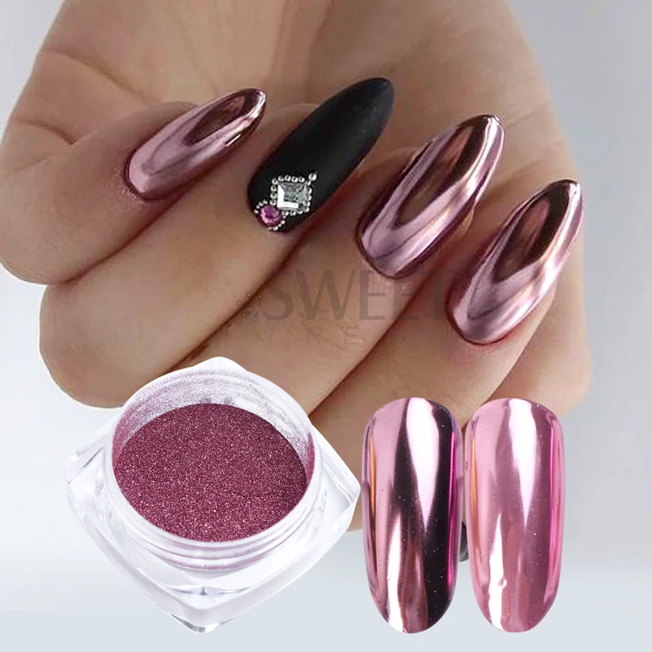 Polvo de brillo de uñas de espejo de oro rosa de Color metálico, pigmento mágico de cromo holográfico, decoración de uñas, herramientas de salón de Gel, SAC002P