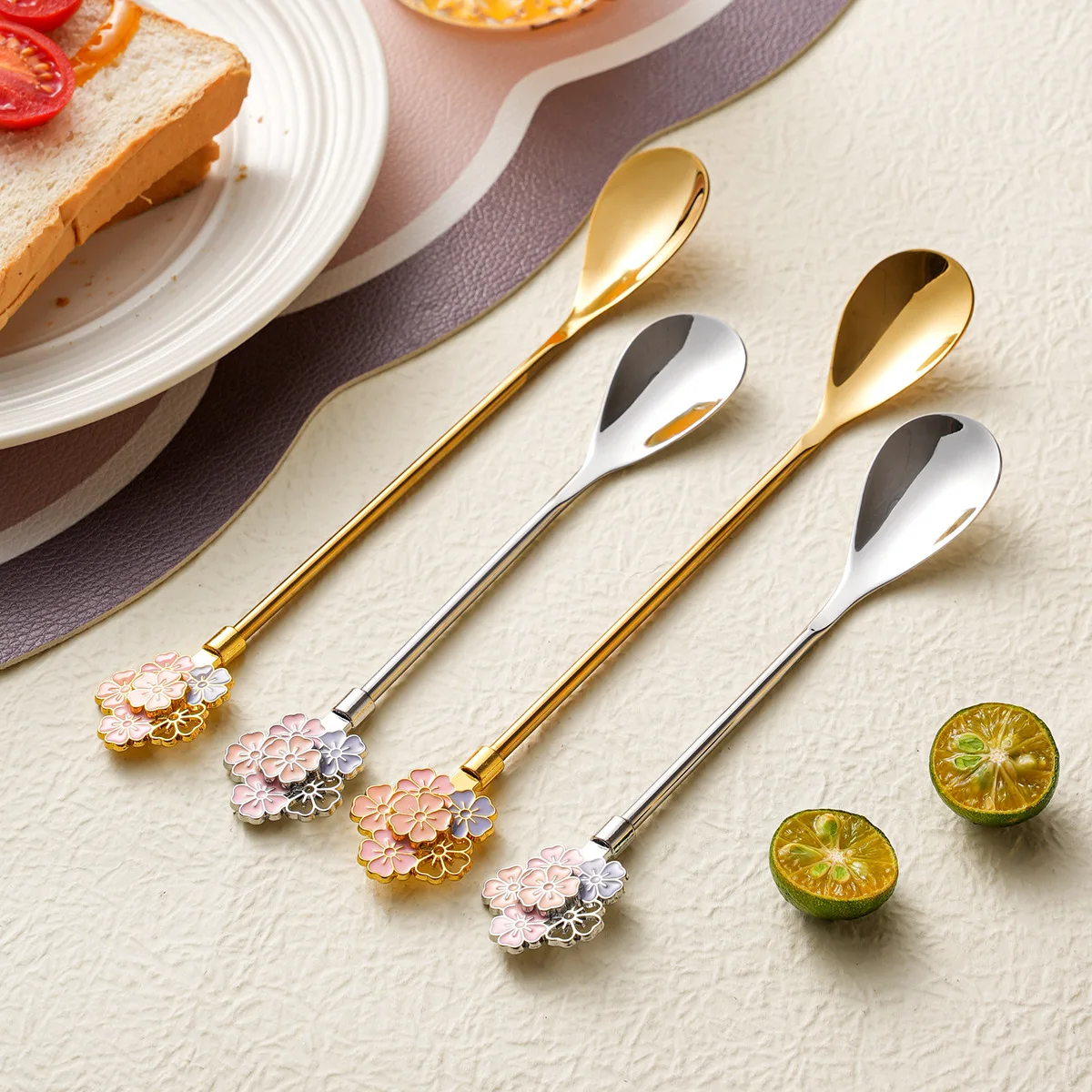 5-Pack 304 Stainless Steel Spoons Japanese Cherry Blossom Design Bird's Nest Dessert Honey Mixing Spoons Kitchen Utensils