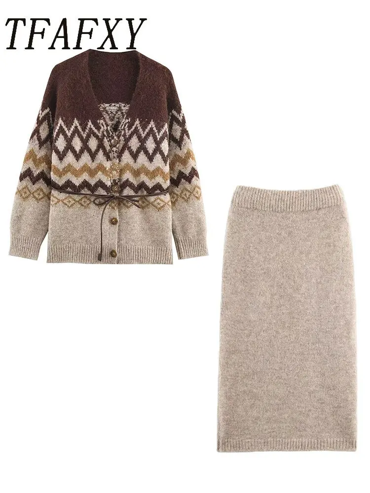 

TFAFXY женские комплекты из 2 предметов, вязаный кардиган с длинным рукавом и v-образным вырезом с поясом, тонкие свитера, юбка-миди, повседневные костюмы