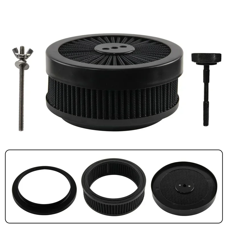 Black Full Flow Round 6''X2'' Air Filter Assembly Kit Washable &Resuable Air Cleaner for 4 Barrel Carburetor V8 Chevy Fοrd
