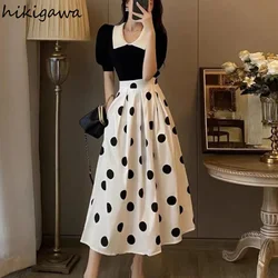 Korean Two Piece Sets Womens Outfits High Waist Polka Dot Big Swing Skirt Puff Sleeve Tunic Tops Set Chic Summer Elegant Suit