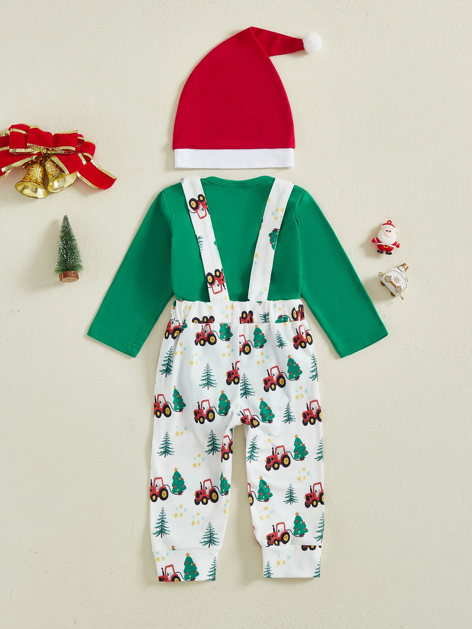 

Infant Boys 3-Piece Holiday Ensemble featuring Long-Sleeve Bodysuit Suspender Trousers and Matching Cap - Adorable Newborn