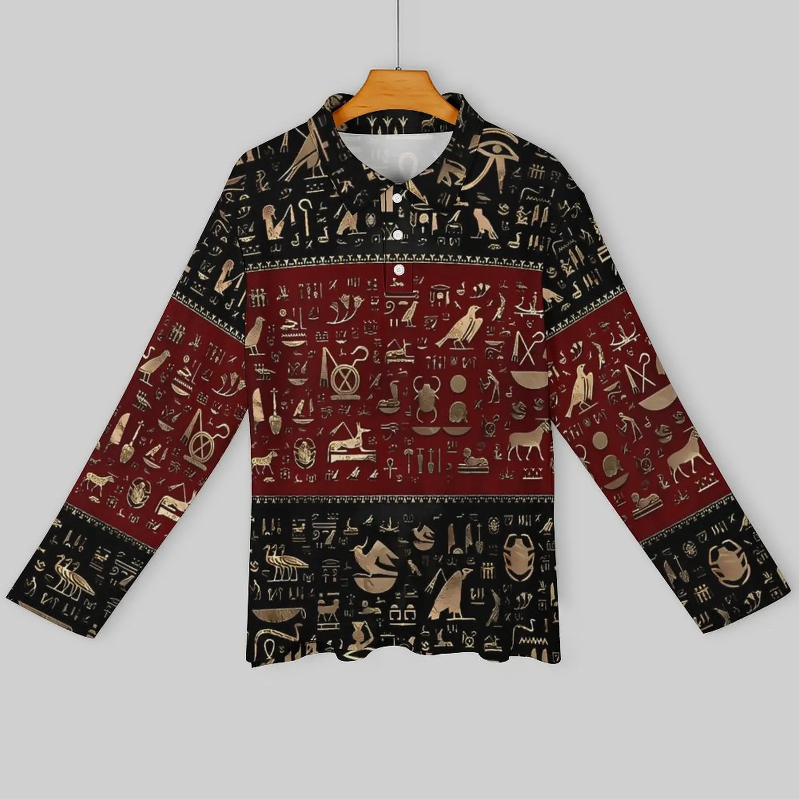 Ancient Egyptian Art Hieroglyphs Casual T-Shirts Male Black and Red Long Sleeve Polo Shirts Turn Down Collar Cool Autumn Shirt