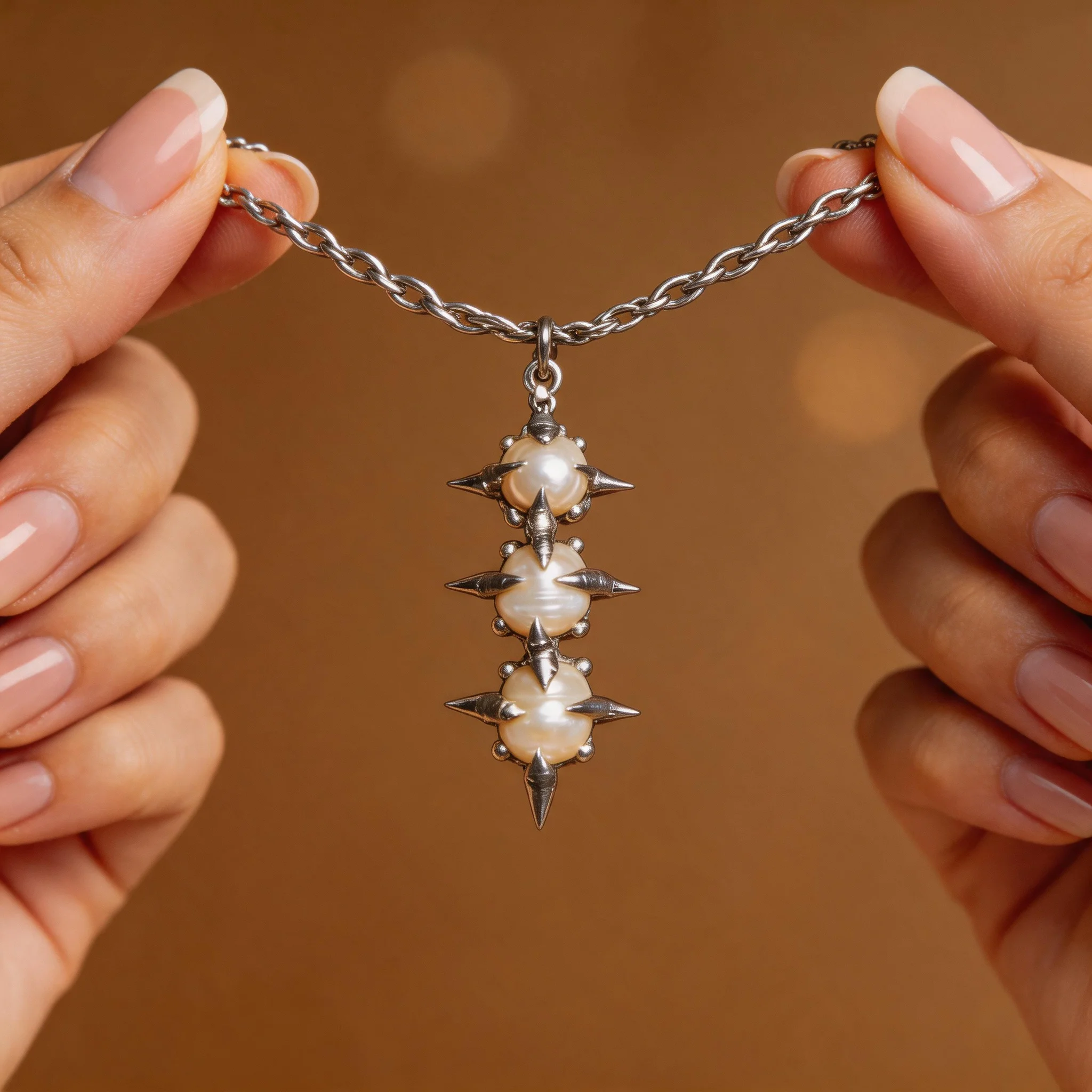 Spiky Pearl Pendant Necklace 18+2 Inch Irregular Freshwater Pearl Thorn Spike Handmade Solder Silver Tone Chain for Women